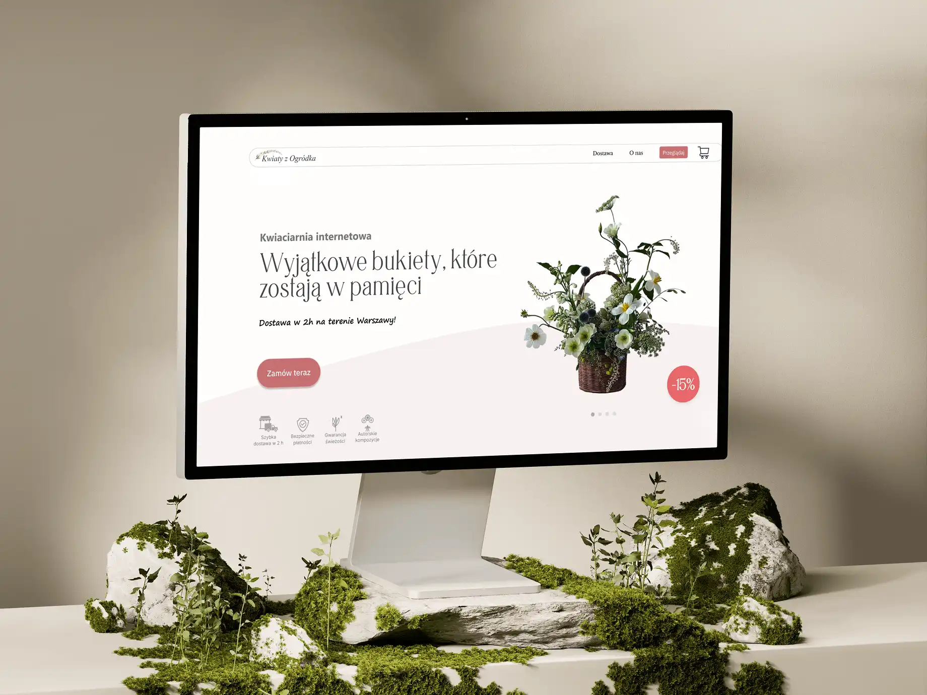 Sklep internetowy kwiaciarni – makieta strony głównej z dużym zdjęciem bukietu, nagłówkiem i przyciskiem CTA